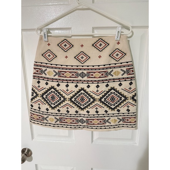 Blu Pepper Dresses & Skirts - Blu Pepper Women Cream Embroidered Geometric Tribal Mini Skirt Large Boho Canvas